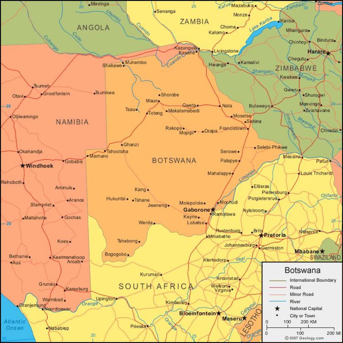 kart over Botswana viser alle landsbyer