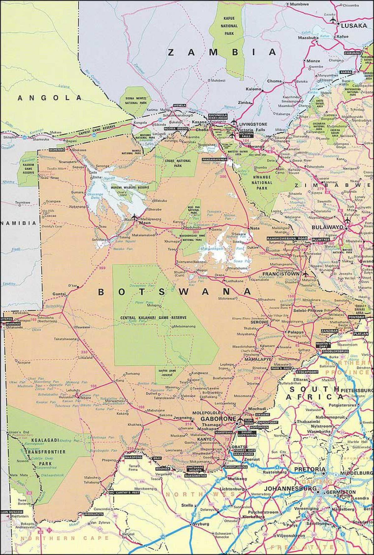 kart med detaljert veikart for Botswana