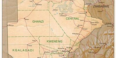 Kart over Botswana som viser byer og landsbyer